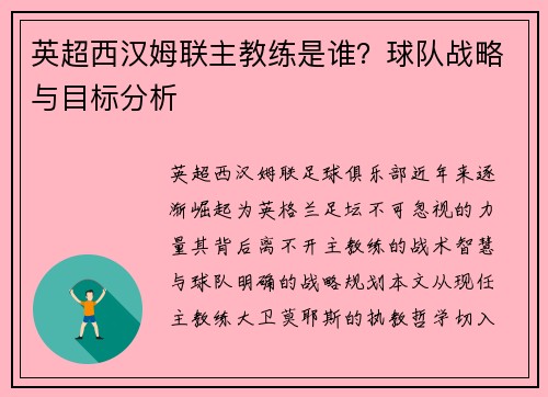 英超西汉姆联主教练是谁？球队战略与目标分析